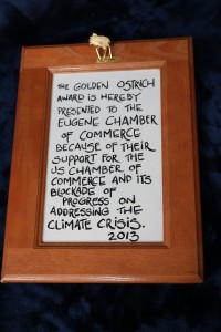 Our Award using humor to point out the Chamber complicity with Climate Crisis.