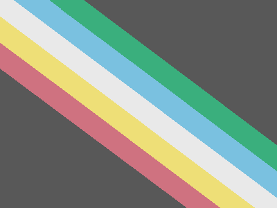 A charcoal grey flag with a diagonal band from the top left to bottom right corner, made up of five parallel stripes in red, gold, pale grey, blue, and green Description ends