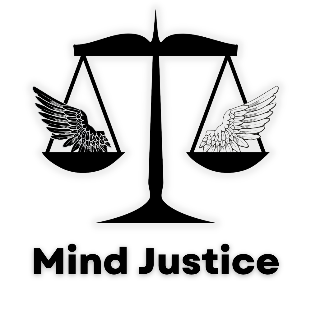 Mind Justice icon balancing a black & white wing equally on a scale.